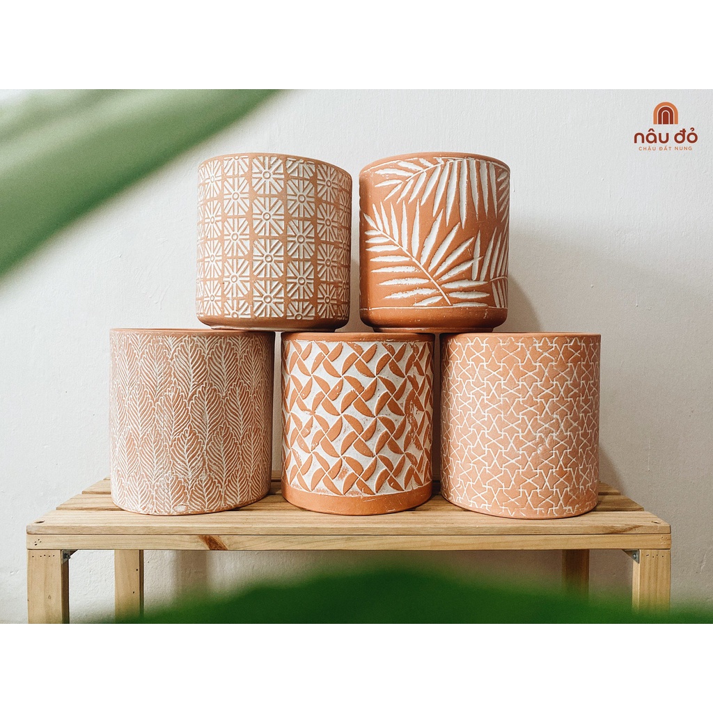 Chậu đất nung trồng cây dáng trụ cỡ lớn nhiều mẫu hoạ tiết