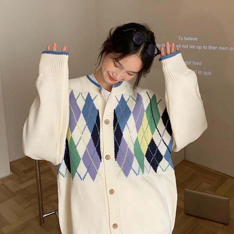 Áo khoác Cardigan dệt kim dáng rộng họa tiết kim cương xanh lá thời trang cho nữ