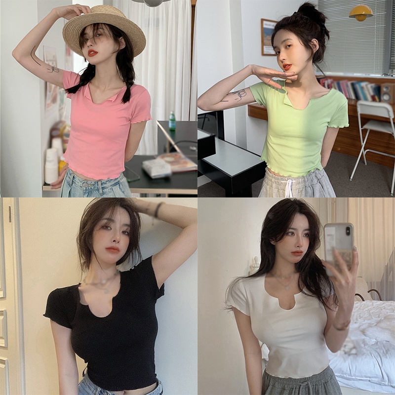 Áo Croptop Tay Ngắn Cổ Chữ V Màu Sắc Đơn Giản Phong Cách Hàn Quốc