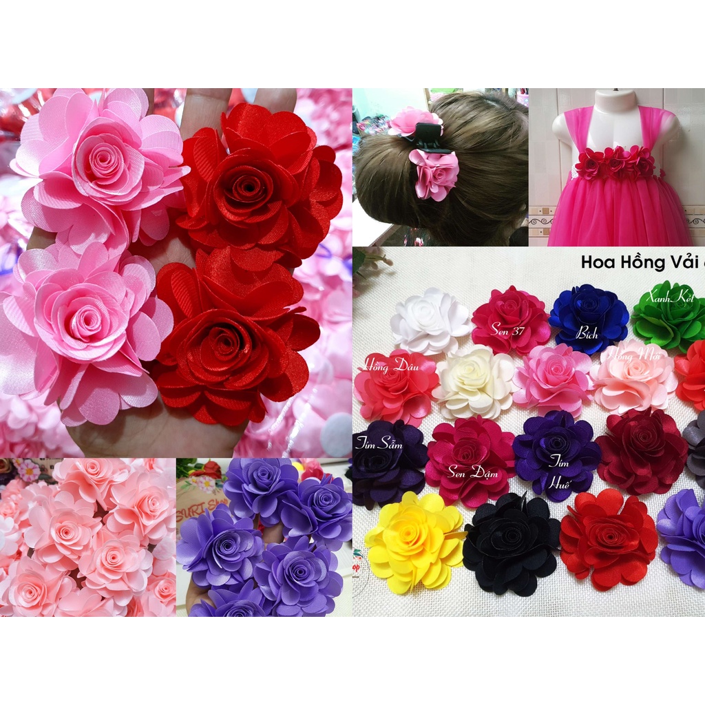 HOA HỒNG VẢI PHI LỤA 6cm - SÉT 10 CÁI