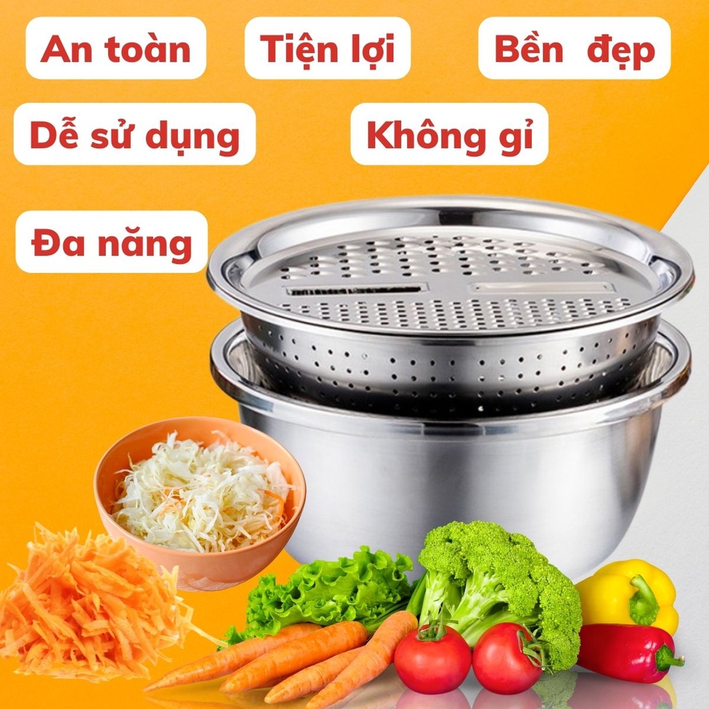 Bộ thau rổ bào cắt rau củ ba món kèm chậu inox 304 không gỉ nhiều chức năng cao cấp tiện lợi - Đồ dùng bếp cao cấp