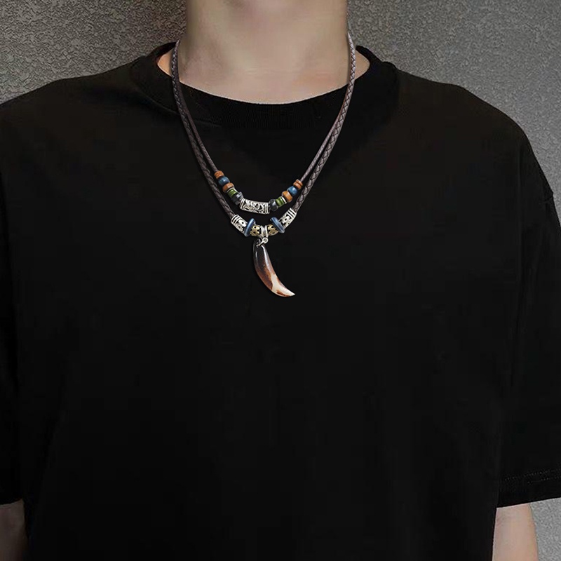Vòng Cổ Dây Da Mặt Răng Sói Phong Cách Bohemian Dành Cho Nam Nữ