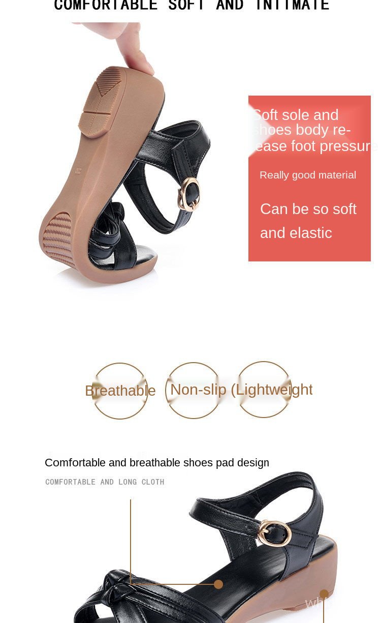 2021Women's High-End Sandals Flat Bottom Comfort Middle Heel Wedge Fashionable All-Match Beef Tendon Soft Bottom Middle-Aged Mom Sandals