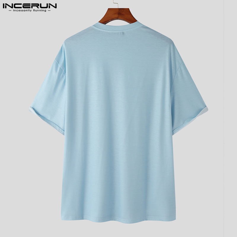 Áo thun INCERUN tay ngắn cổ tròn in hoa phong cách Hàn Quốc thời trang cho nam