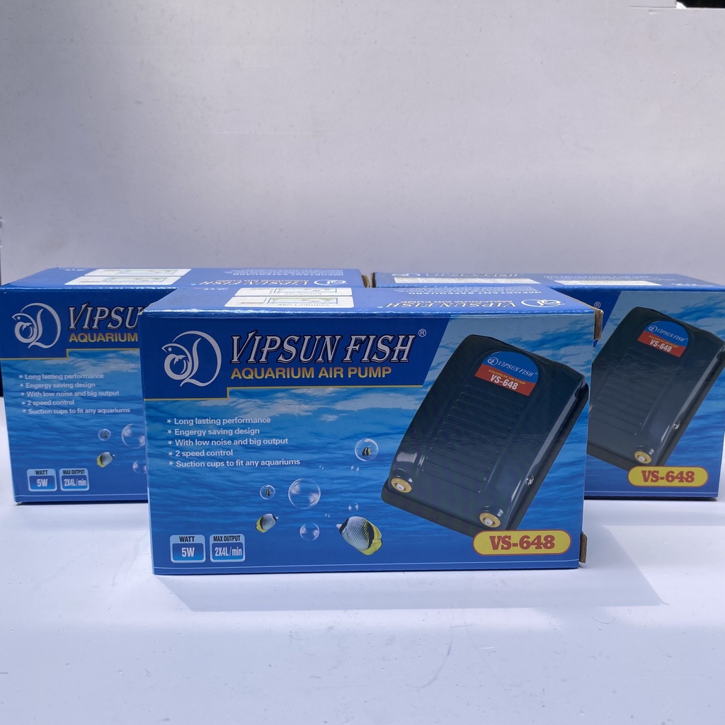 Máy Sủi Khí Oxy Vipsun Fish 1 Vòi VS-248A 3W, 2 Vòi VS-348 5W Ấp Artemia, tăng cường oxy trong nước