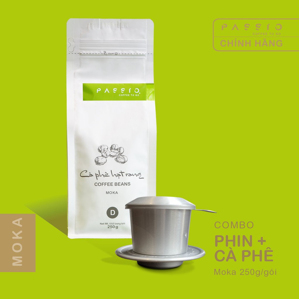 COMBO cà phê Moka nguyên chất 100% rang mộc (250g) + Phin nhôm cao cấp - Passio Coffee