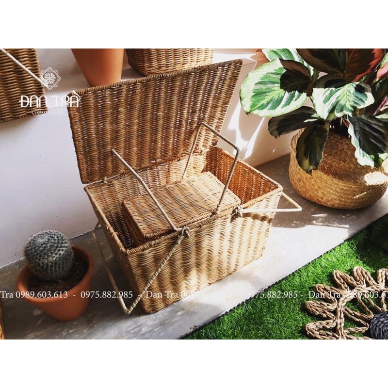 Giỏ Picnic Mây Quai Sắt ĐAN TRÀ - Decor Mây Tre Đan