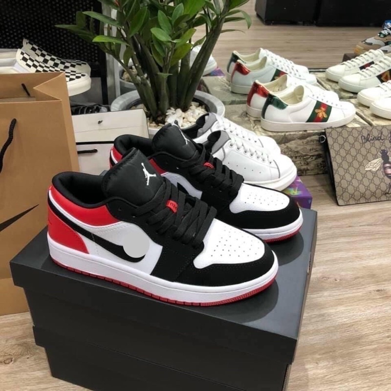 Giày jordan màu đen đỏ thấp cổ, giày jd đỏ đen nam nữ full box bill