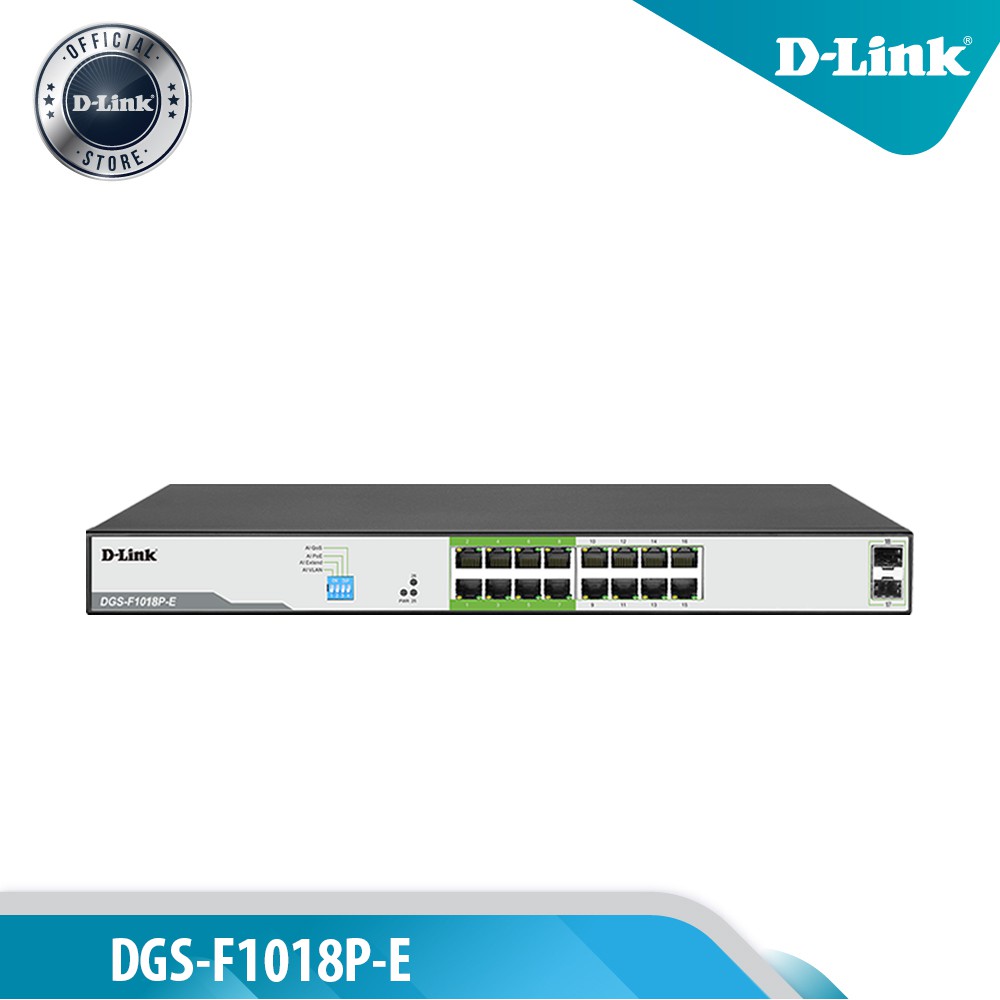 D-LINK DGS-F1018P-E - Bộ chia cổng mạng 250M 16 cổng 1000Mbps với 2 cổng uplink - - Hàng Chính Hãng