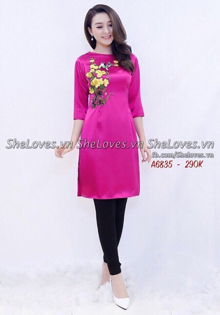 Áo Dài Cách Tân Thêu Hoa Tặng Kèm Quần Bó