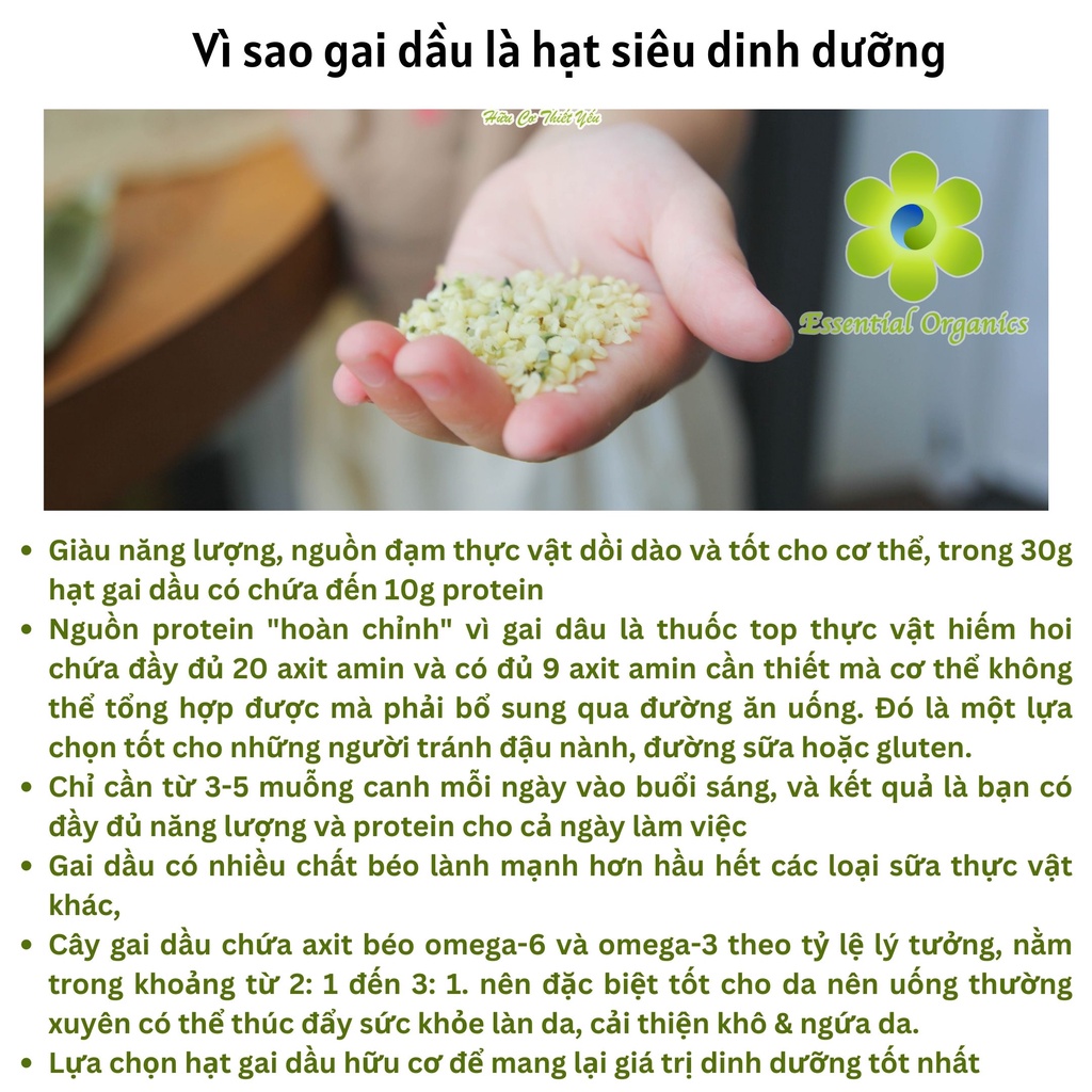Hạt gai dầu hữu cơ tách vỏ Organics Hemp Seeds Kirkland 907g hạt dinh dưỡng giàu protein &amp; omega 3