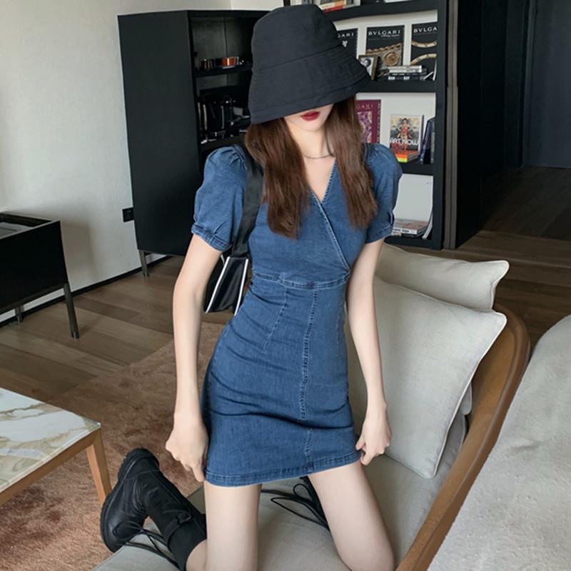 Đầm Denim Mùa Hè Lưng Cao Cổ Chữ V Tay Phồng Quyến Rũ Mẫu Mới 2021 Thời Trang Cho Nữ