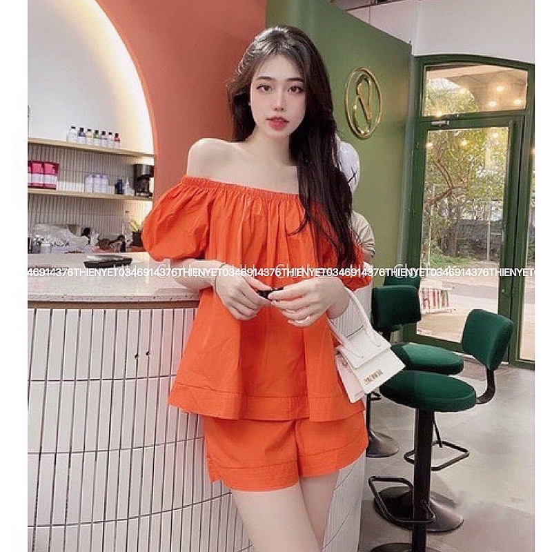 Sét bộ áo trễ vai tay bồng kèm quần sooc đùi 3 màu hồng cam đen siêu xinh chất kate xịn chuẩn ảnh