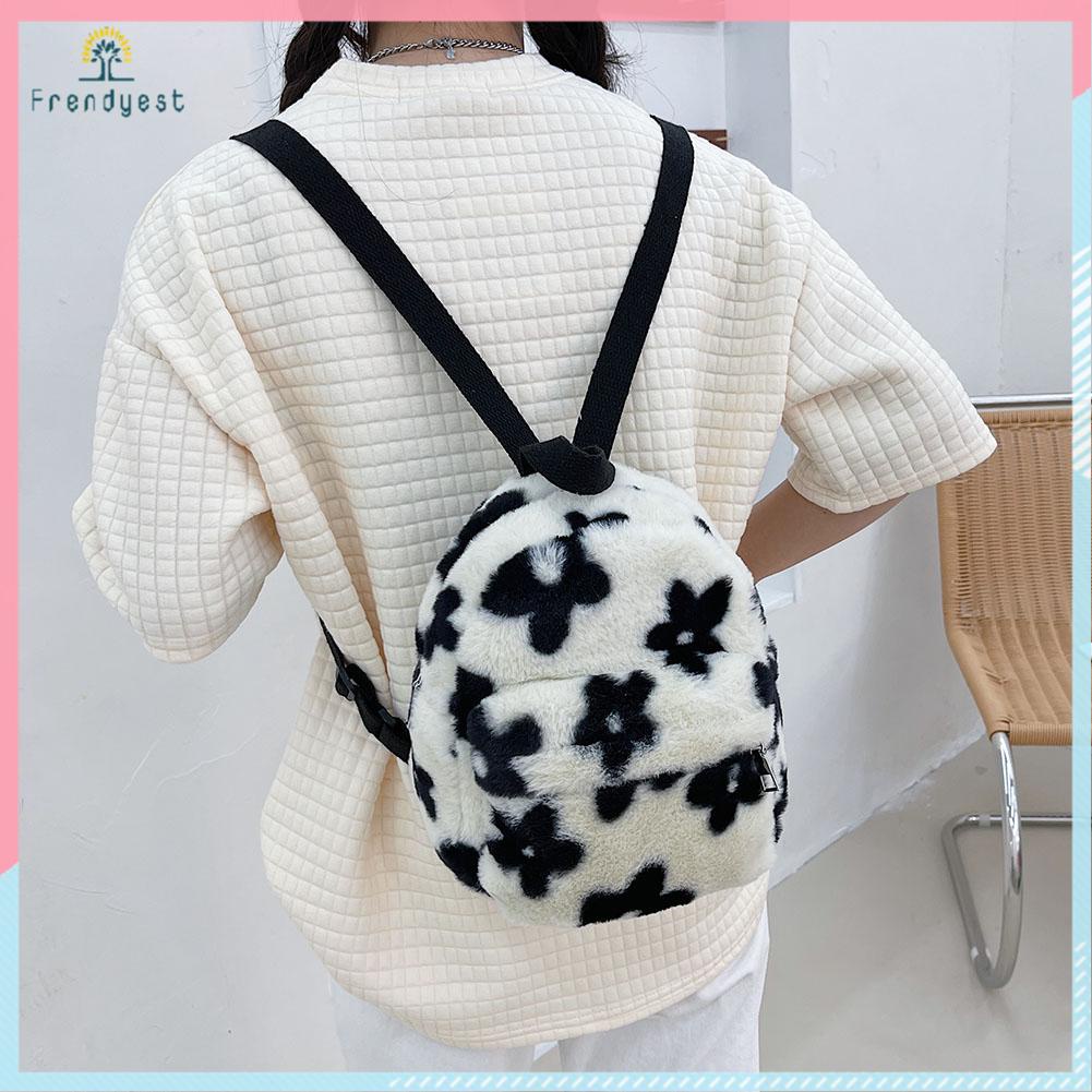 Preppy Style Women Flowers Printing Plush Backpack Casual Small Knapsack