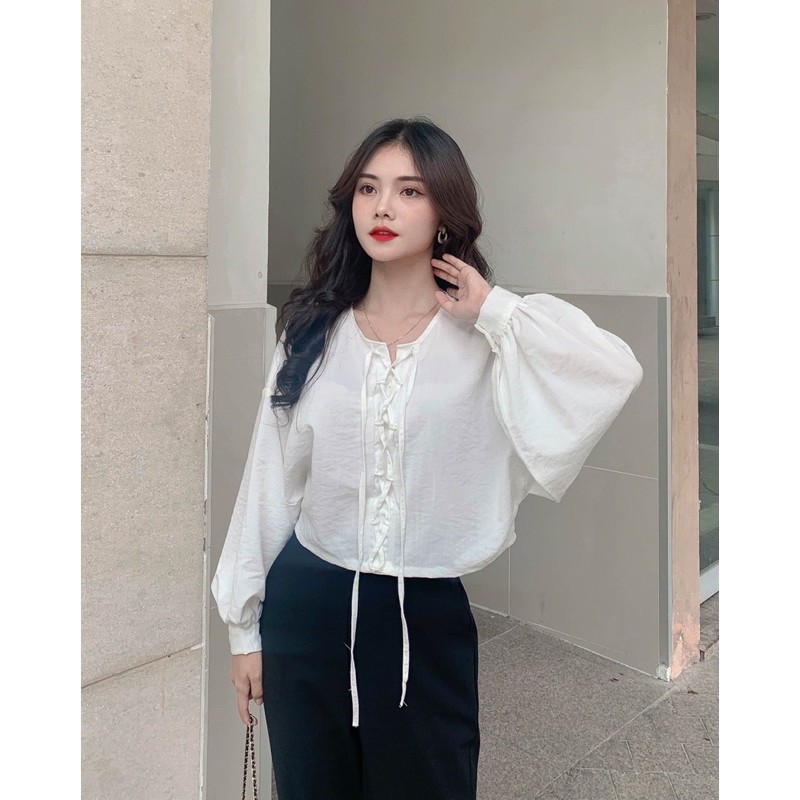 Áo croptop tay phồng form rộng, đan dây braided shirt LUCETFASHION, áo kiểu nữ tay dài
