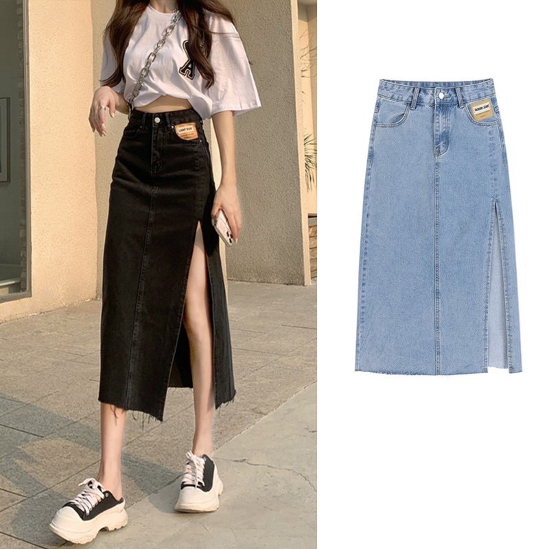 Chân váy jean, váy bò xẻ unisex dáng dài phối mác da túi