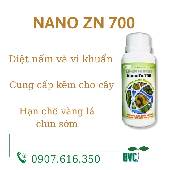 Nano Zn 700 (250ml) chưa kẽm dạng nano hàm lượng cao giúp cây xanh lá, kích kháng nấm khuẩn gây hại