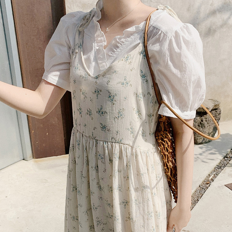 Áo sơ mi nữ bèo nhún màu trơn tay ngắn phong cách mới 43046