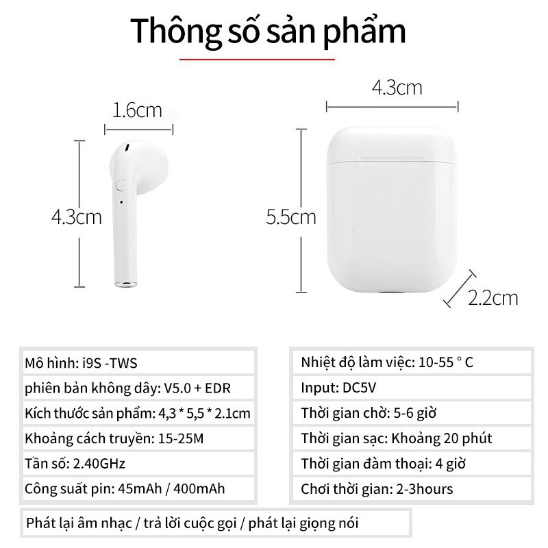 {[Hàng Mới Về]} Tai nghe Bluetooth I9S Đàm Thoại 2 Chiều Không Dây - Kháng Nước Thể Thao - Bass Siêu Trầm | BigBuy360 - bigbuy360.vn