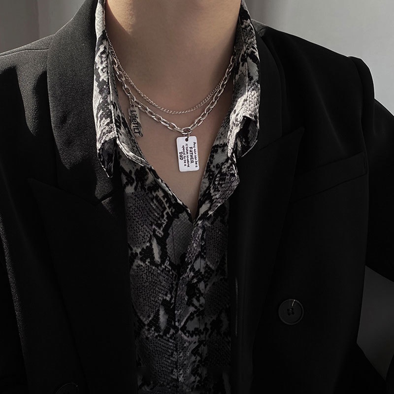 Dây chuyền hai lớp chồng lên nhau mặt tag họa tiết chữ cái dễ phối đồ phong cách retro hip hop đường phố 19501