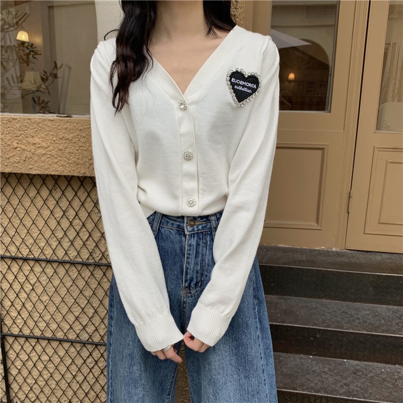 2021 Pháp áo len cardigan dệt kim thắt cà vạt cổ chữ V mặc bên ngoài dài tay khoác trên cùng