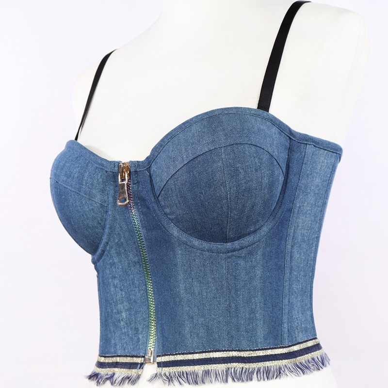 Áo Croptop Denim Hai Dây Hở Lưng Phối Tua Rua Gợi Cảm Cho Nữ