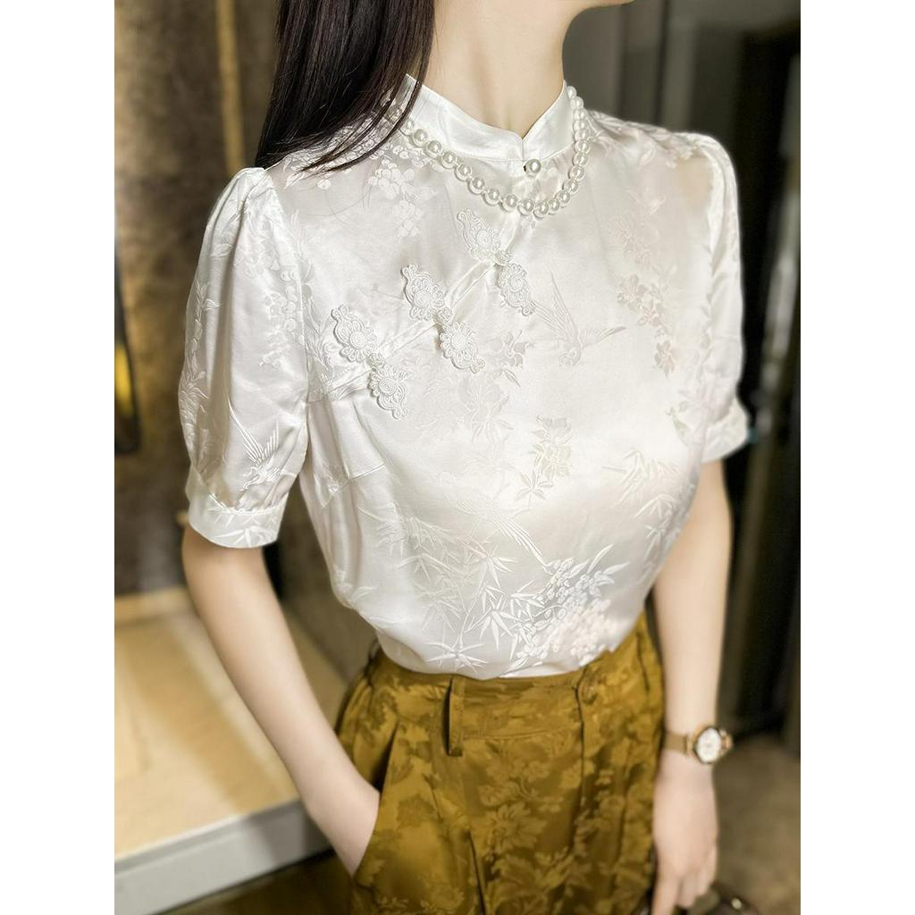 Áo Sơ Mi Chiffon Cổ Đứng Tay Ngắn Thời Trang Mùa Hè 2023 Phong Cách Cổ Điển Dành Cho Nữ