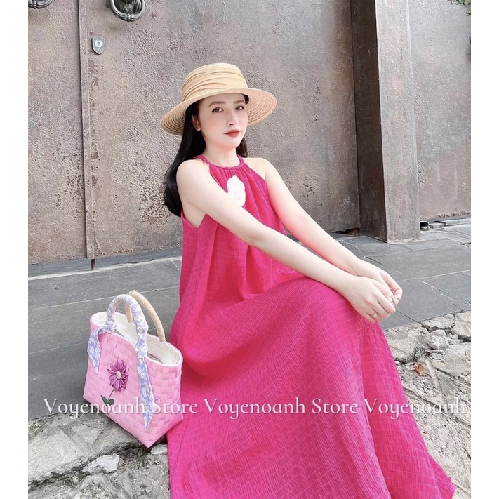 Đầm maxi hồng chất xốp kèm hoa gài (Hàng Loại 1) Váy Maxi 2 Dây Đi Biển Xinh