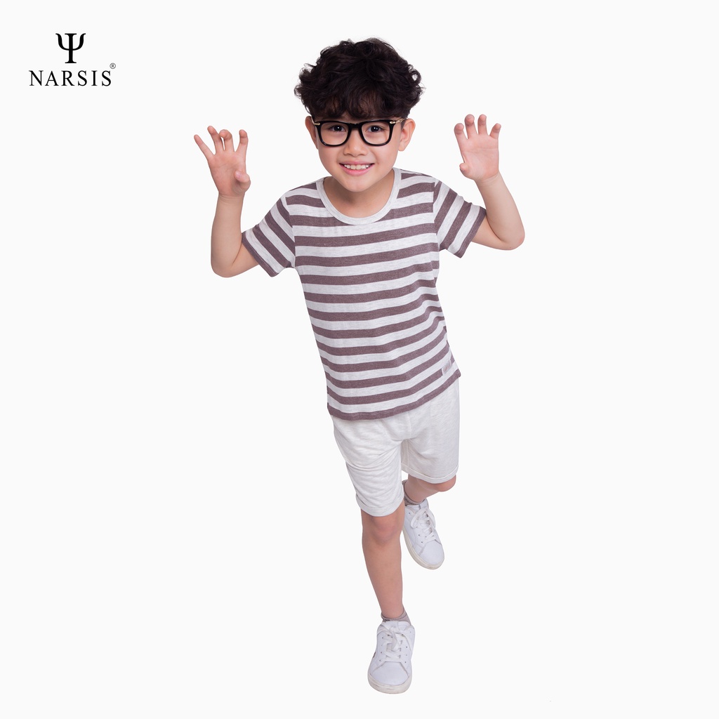 Bộ hè bé trai Narsis KE0003 kẻ trắng ngà vân phối quần da cá