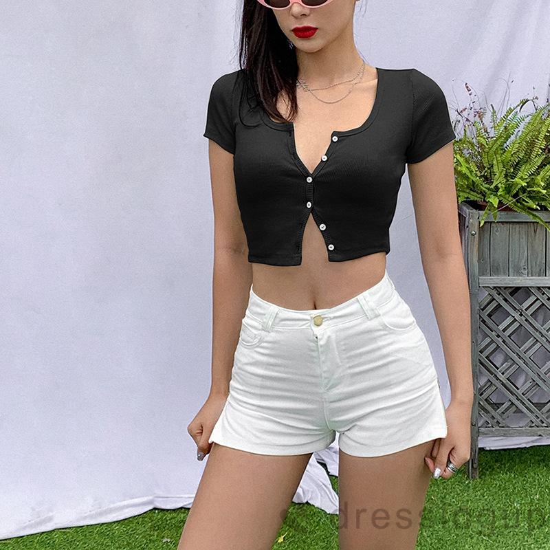 Áo lửng ngắn tay thiết kế cổ chữ U màu trơn đính nút thời trang mùa hè cho nữ