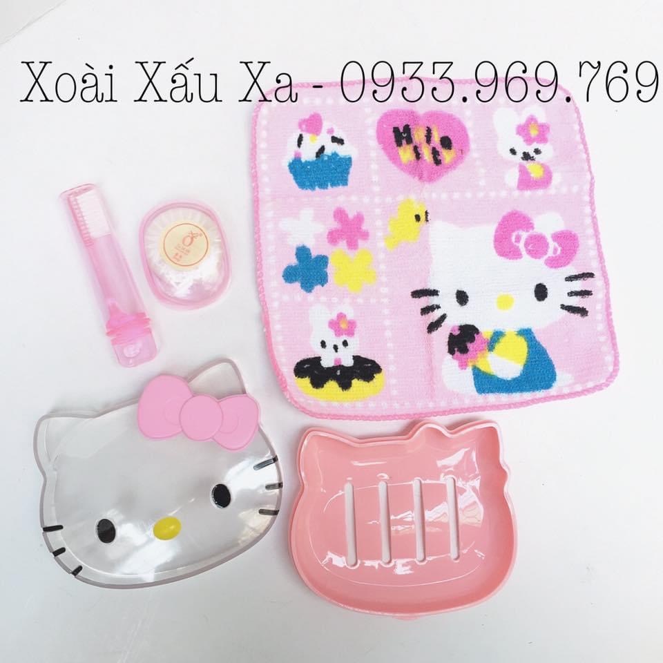 bộ hộp xà phòng+ bàn chải đánh răng mini+ khăn mặt+ hộp xà phòng tròn mini Kitty - Đoraemon phụ kiện du lịch tiện lợi