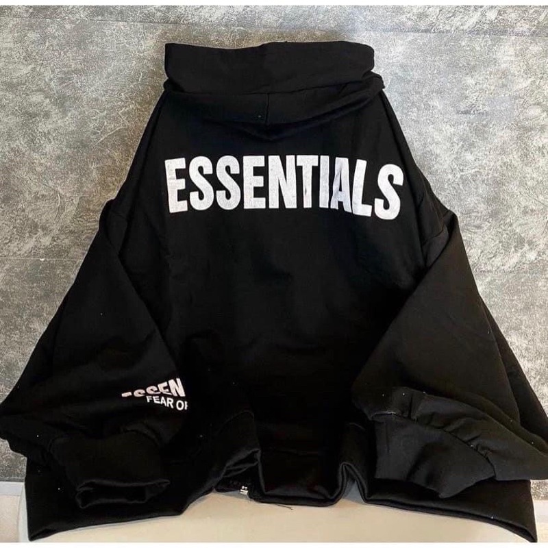 Áo KHOÁC Nỉ Khoá Hoodie In Chữ Lưng Tay ESSENTIALS Ulzzang Unisex Phong Cách Hàn Quốc