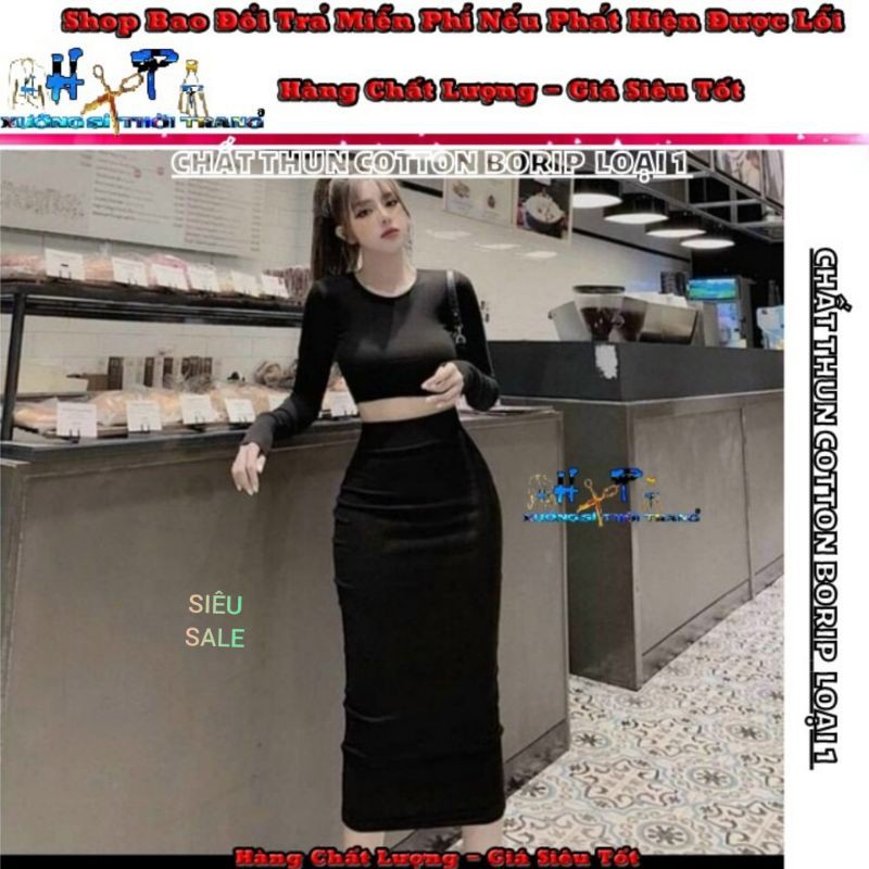 Set Váy Nữ Áo Croptop Mẫu Trơn Tay Dài Ôm Body Siêu Tôn Dáng - Hàng Có Sẵn | BigBuy360 - bigbuy360.vn