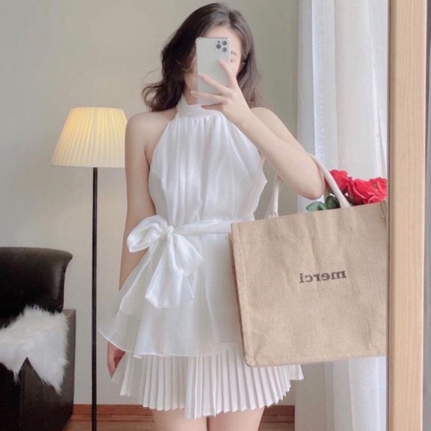 Áo kiểu nữ cổ yếm 2 lớp- Áo hở vai phối dây bản to_013 babydoll bánh bèo mầu trắng