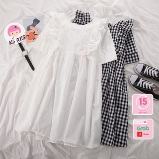 Váy babydoll dáng ngắn, đầm babydoll trắng caro đôi bạn thân xixeoshop - V7