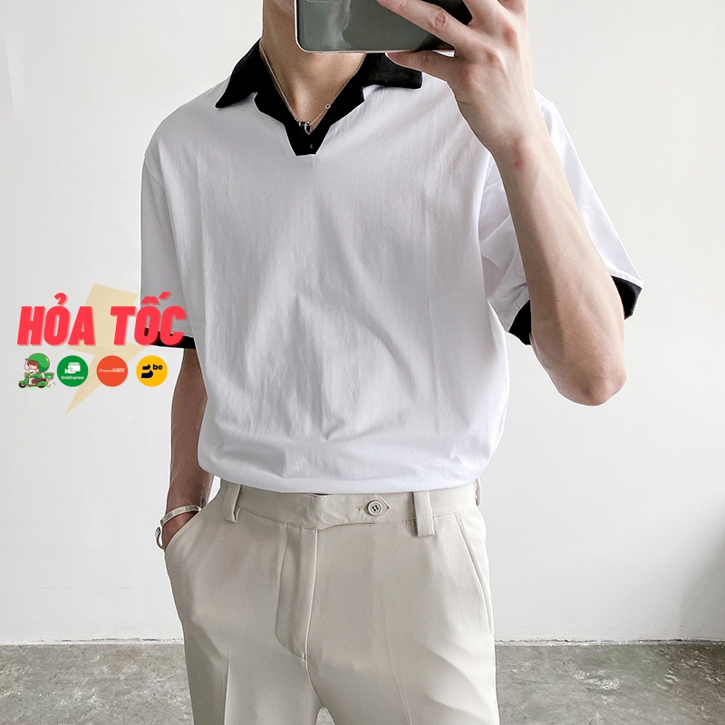 Áo thun trơn cổ vest trắng đen unisex