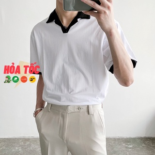 Áo thun trơn cổ vest trắng đen unisex