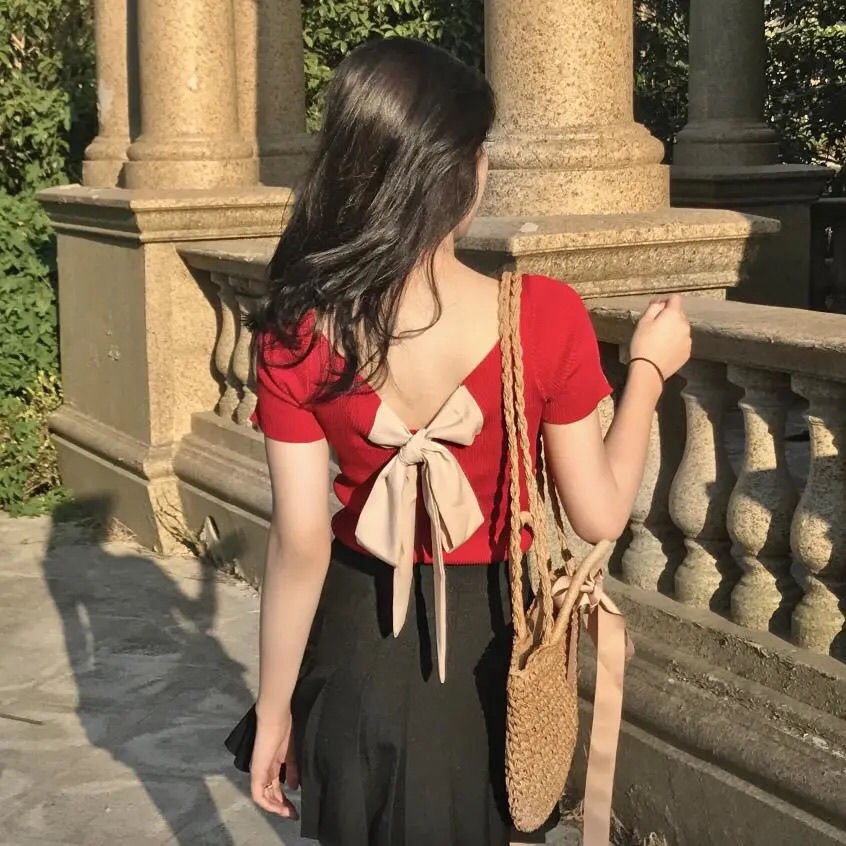 Áo Thun COZOK Ngắn Tay Hở Lưng Thắt Nơ Xinh Xắn Thời Trang Cho Nữ