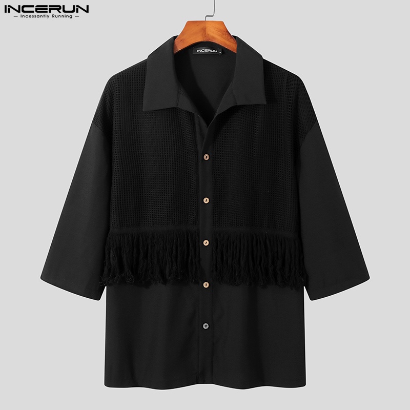 Áo sơ mi INCERUN tay lỡ dáng rộng phối nút gài thời trang cho nam