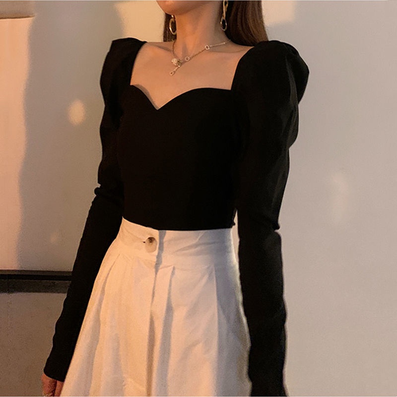 Đen Áo Kiểu Tay Phồng Cổ Vuông Khoét Sâu Quyến Rũ