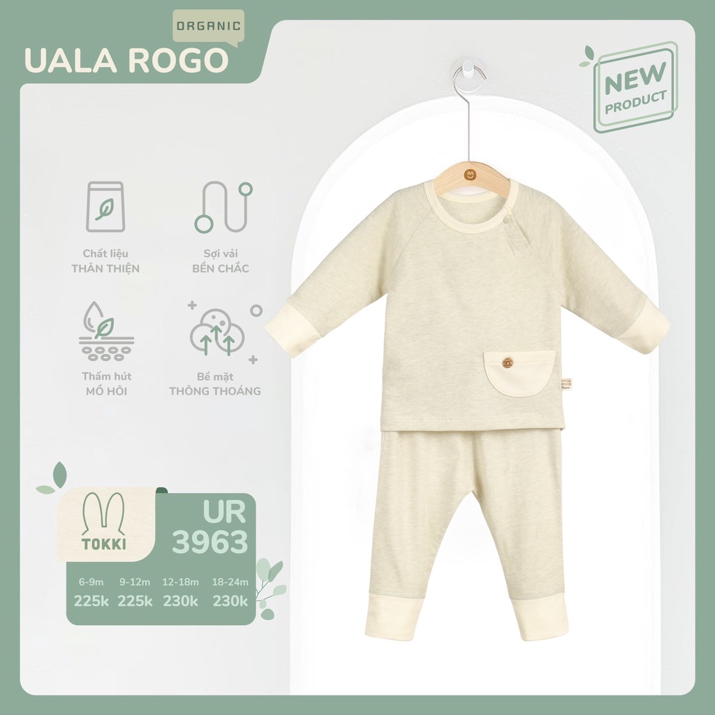 Bộ quần áo dài tay Organic UalaRogo có túi 3 màu mềm mịn cho bé 6 thán