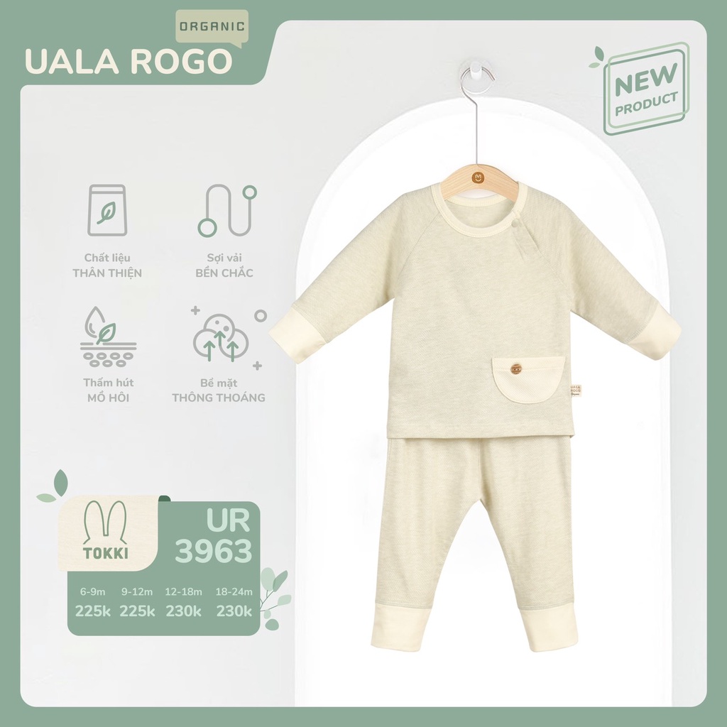 Bộ quần áo dài tay Organic UalaRogo có túi 3 màu mềm mịn cho bé 6 tháng - 24 tháng