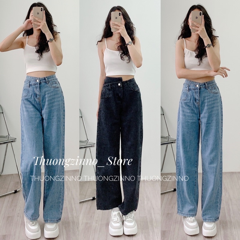 Quần bò ống rộng cạp chéo thiết kế lạ măt Quần jean ống rộng ulzzang