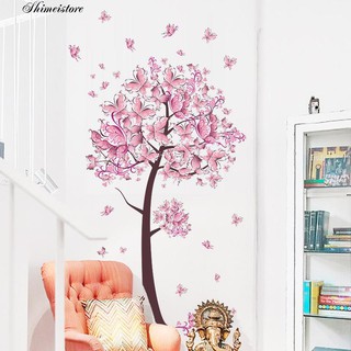 Giấy dán trang trí tường họa tiết hình cây hoa bươm bướm hồng xinh xắn