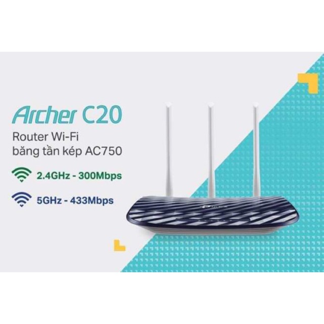 [SALE 10%] Bộ phát wifi, modem wifi TP-Link Archer C20 AC750 3 anten tốc độ 300Mbps chính hãng
