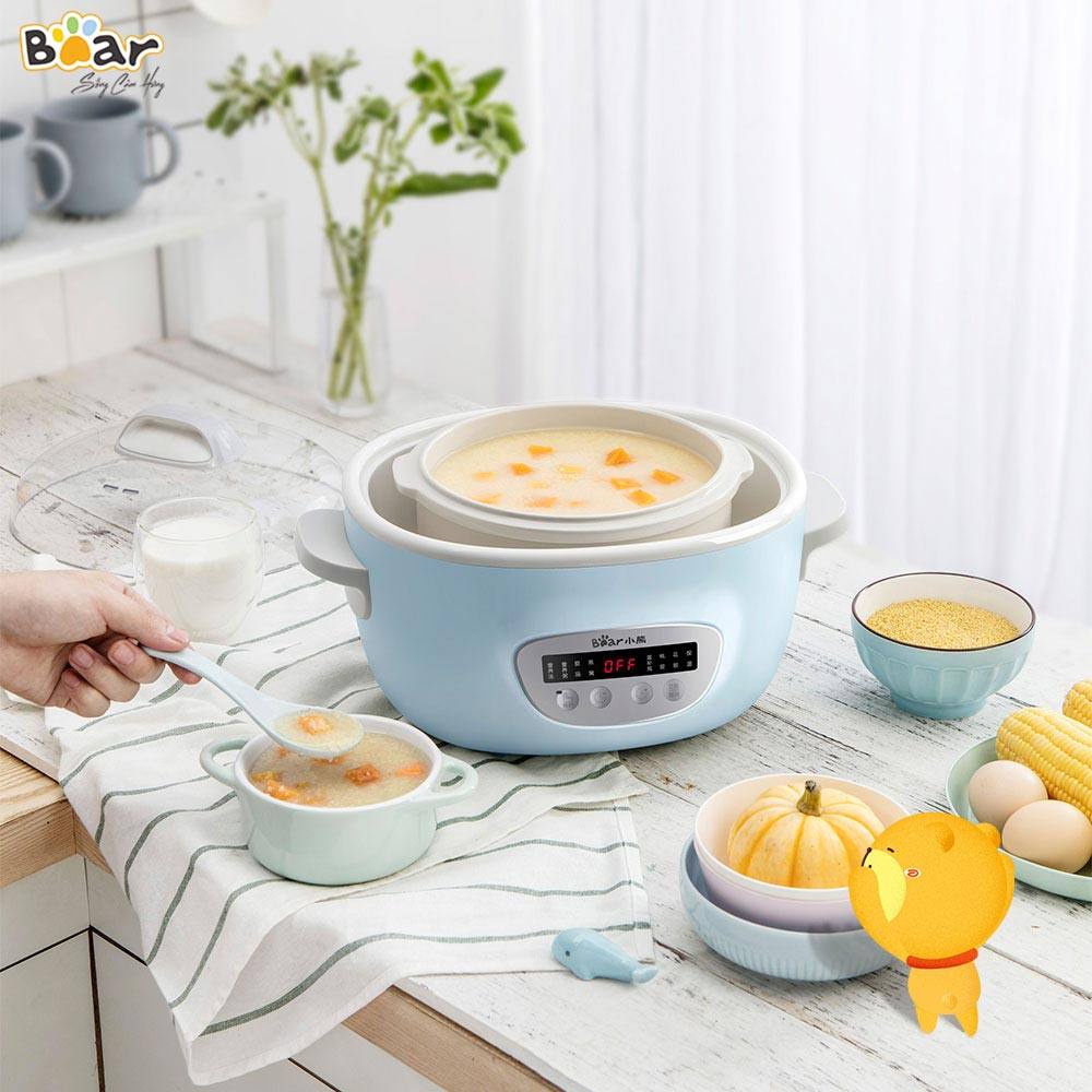 Combo Nồi Nấu Chậm 2,5L Bear SUBE003 và Máy Xay Ăn Dặm 0,3L Bear B03V2 nấu cháo, chưng yến, đồ ăn dặm