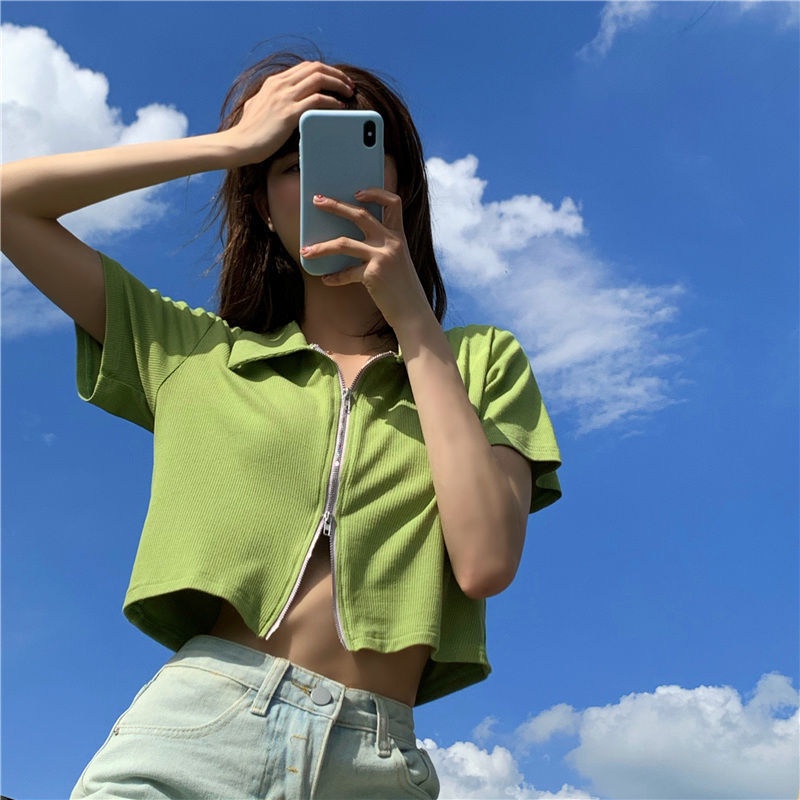 Áo Khoác cardigan Ngắn Tay Màu Sắc Trơn Có Khóa Kéo Thời Trang Mùa Hè Cho Nữ