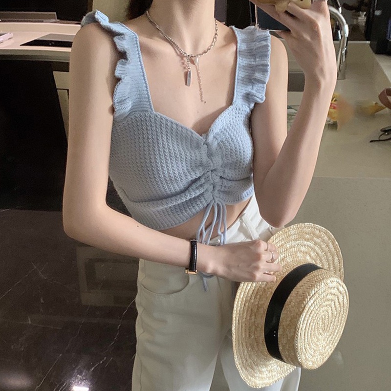 Áo Croptop Dệt Kim Sát Nách Cổ Chữ V Dáng Ôm Phối Dây Rút Thời Trang Mùa Hè Quyến Rũ Cho Nữ
