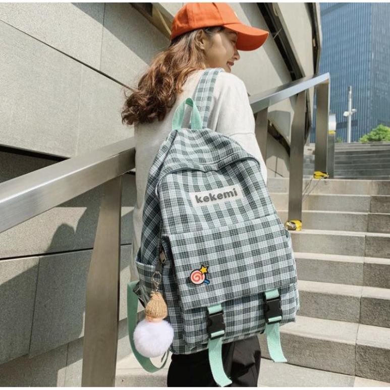 Cặp sách xinh kẻ sọc caro mới - Vải bền bỉ, thiết kế thời thượng phong cách Nhật Bản