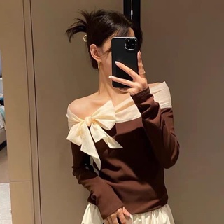 Áo len tăm trễ vai nơ lệch